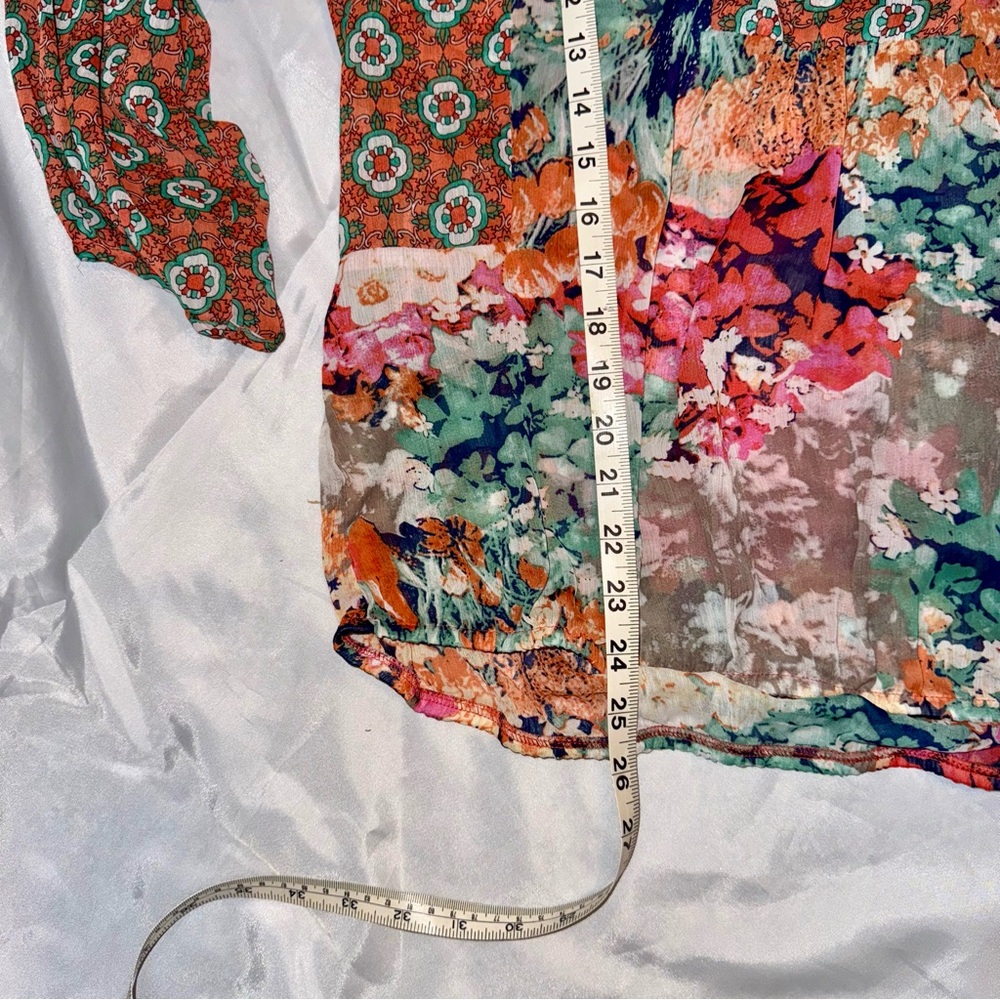 Fig & Flower Women’s‎ Sheer Floral Orange Pink Green BOHO Chic Casual Blouse Top - Picture 13 of 13